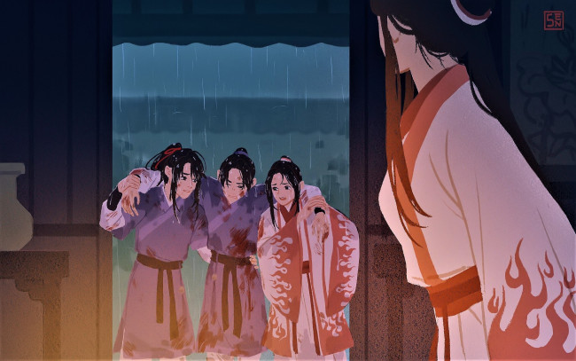 Обои картинки фото аниме, mo dao zu shi, вэнь, цинь, нин, вэй, усянь, цзян, чэн, дождь, кровь