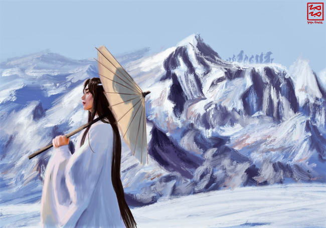 Обои картинки фото аниме, mo dao zu shi, лань, ванцзы, зонт, горы, снег