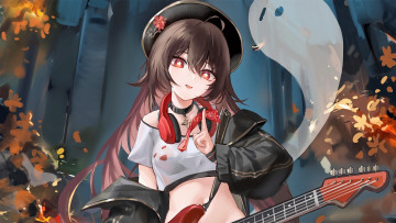 Картинка аниме genshin+impact девочка гитара наушники куртка берет