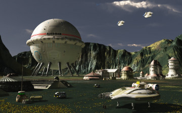 Картинка 3д графика fantasy фантазия летательные апараты дома
