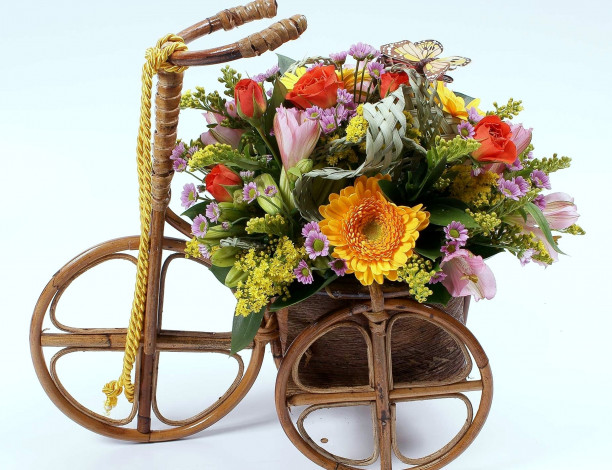 Обои картинки фото цветы, букеты, композиции, велосипед, розы, гербера, хризантемы