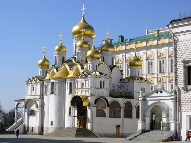 Обои картинки фото благовещенский, собор, московского, кремля, города, москва, россия, купола, кресты, позолота