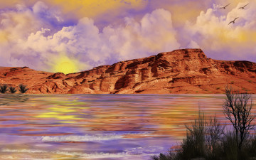 Картинка arizona sunset 3д графика nature landscape природа птицы озеро скалы кусты