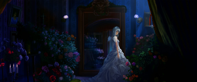 Обои картинки фото by, akibakeisena, аниме, rozen, maiden, suigintou, свечи, сервант, ночь, крылья, букеты, цветы, комната, девушка, платье, розы, светильник