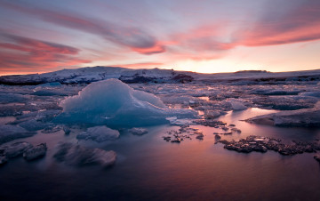 обоя природа, айсберги и ледники, закат, исландия, лед, снег, вечер