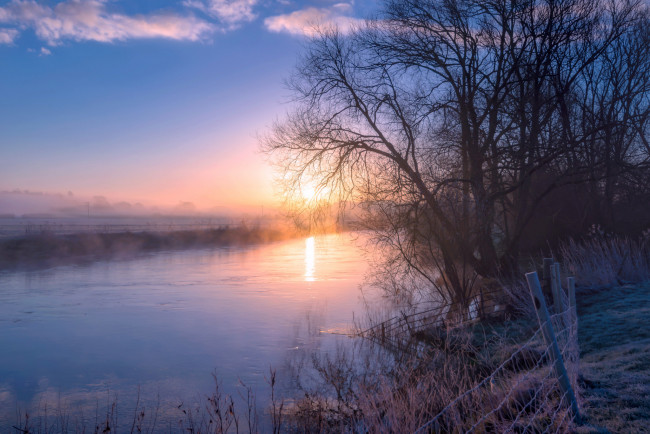 Обои картинки фото природа, восходы, закаты, утро, туман, деревья, река, ранняя, весна