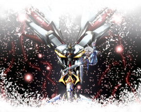 Картинка аниме touhou saigyouji yuyuko konpaku youmu super robot wars арт меха мечи оружие огоньки робот лепестки девушки