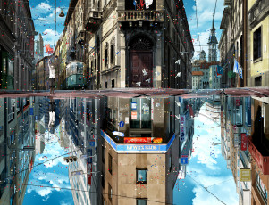 Картинка аниме город +улицы +здания отражение зонт флаги праздник дома парень арт kuronokuro облака небо птицы