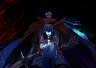 Картинка аниме hellsing плащ dracula alucard vampire демон парень мужчина меч крест