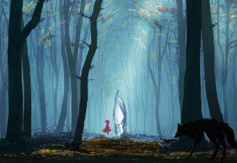 Картинка аниме животные +существа девочка красная шапочка природа волк деревья лес капюшон kayas арт