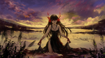 Картинка аниме ангелы +демоны вечер небо female huazha01 озеро девушка single арт закат облака