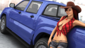 Картинка автомобили 3d+car&girl девушка взгляд фон автомобиль улыбка шляпа