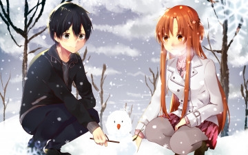 обоя аниме, sword art online, снег, девушка, парень, suguha, kirigaya, asuna, yuuki, sword, art, online, anime, снеговик