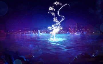 Картинка аниме vocaloid miemia hatsune miku зонт бабочки ночь силуэт город девушка вода арт