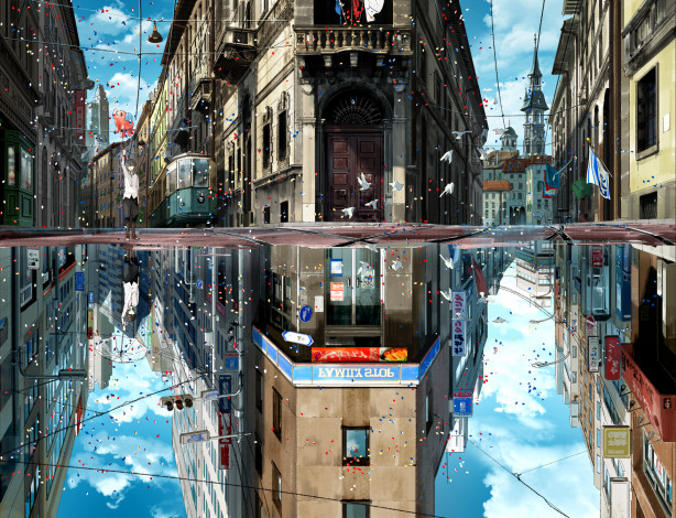 Обои картинки фото аниме, город,  улицы,  здания, отражение, зонт, флаги, праздник, дома, парень, арт, kuronokuro, облака, небо, птицы