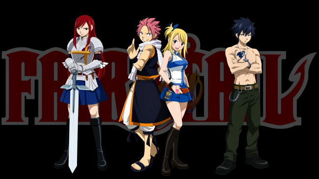 Обои картинки фото аниме, fairy tail, fairy, tail, парни, maho, natsu, lucy, девушки, erza, gray