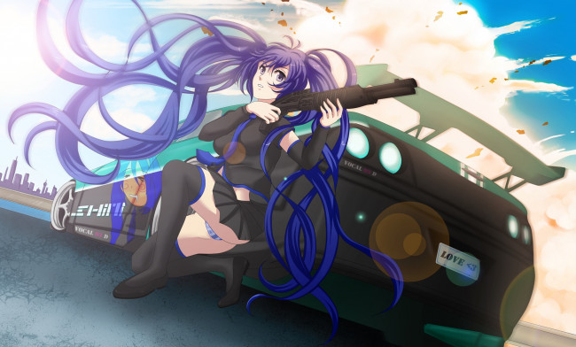 Обои картинки фото аниме, vocaloid, автомобиль, оружие, фон, взгляд, девушка