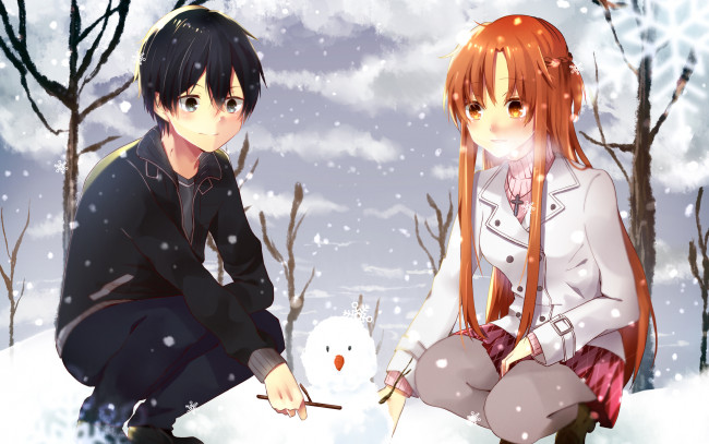 Обои картинки фото аниме, sword art online, снег, девушка, парень, suguha, kirigaya, asuna, yuuki, sword, art, online, anime, снеговик