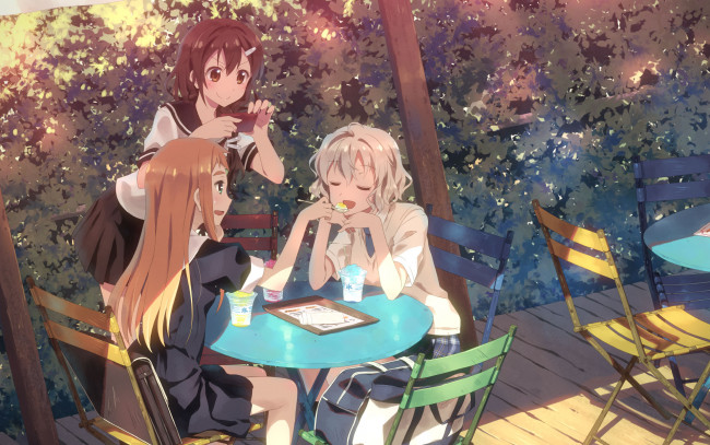 Обои картинки фото аниме, unknown,  другое, мороженое, телефон, девушки, кафе, арт, yuuki, tatsuya