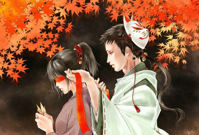 Обои картинки фото аниме, unknown,  другое, повязка, оригами, кимоно, маска, двое, мужчина, девушка