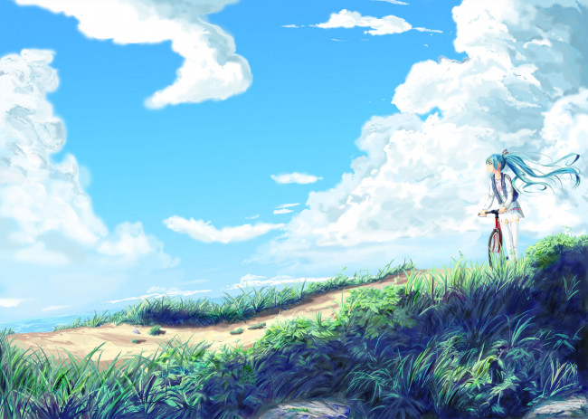 Обои картинки фото аниме, vocaloid, природа, облака, небо, арт, тропинка, прогулка, девочка, велосипед, трава, hopper, hatsune, miku