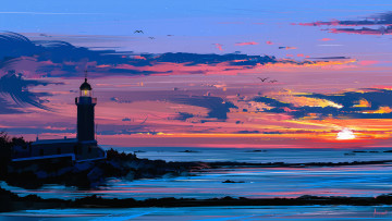 Картинка рисованное природа пейзаж арт чайки небо закат