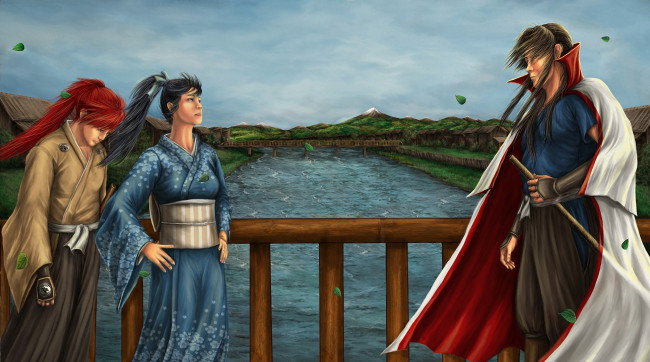 Обои картинки фото аниме, rurouni kenshin, самурай, меч, мужчина, himura, оружие, река, горы, девушка, kenshin