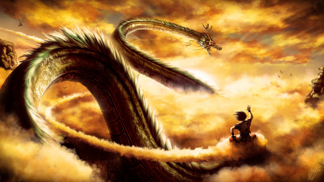 Обои картинки фото аниме, dragon ball, дракон, парень, облака