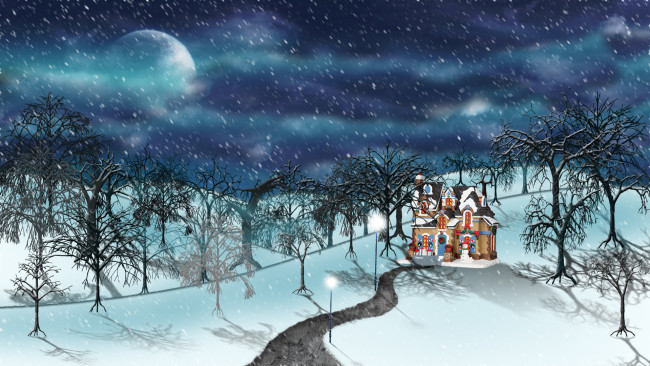 Обои картинки фото рисованное, природа, зима, деревья, снег