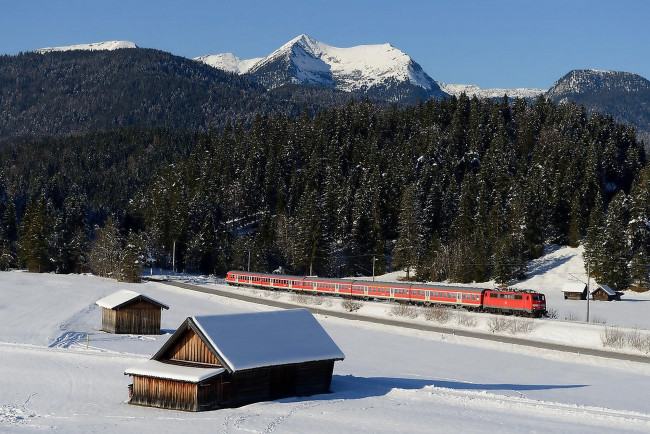 Обои картинки фото техника, поезда, дома, горы, снег, зима, германия, поезд