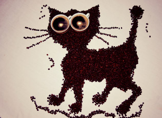 Картинка еда кофе +кофейные+зёрна кошка креатив фон чашки зерна композиция