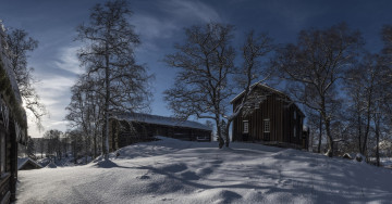 Картинка природа зима постройки снег деревья