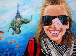 Картинка рисованное люди башня слон рыбы девушка очки ярлык