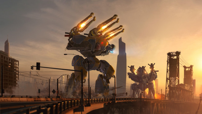 Обои картинки фото war robots, видео игры, небо, закат, взрыв, мост, город, робот, пушки, мехи, war, robots