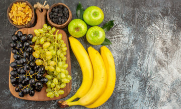 Картинка еда фрукты +ягоды виноград изюм яблоки бананы