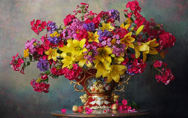 Обои картинки фото цветы, букеты,  композиции, ваза, букет, флоксы, лилии