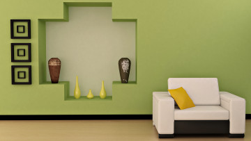 обоя 3д, графика, realism, реализм, комната, стиль, кресло, подушка, ваза, интерьер, дизайн