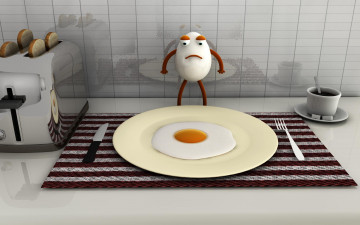 Картинка 3д графика humor юмор тарелка яичница тостер чашка