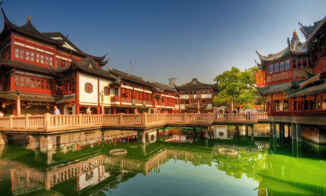 Обои картинки фото Чайный, дворец, шанхай, китай, города, дворцы, замки, крепости, красный, пруд, пагода