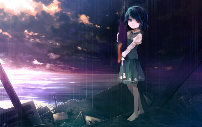 Обои картинки фото аниме, touhou, kogasa, totara, дождь