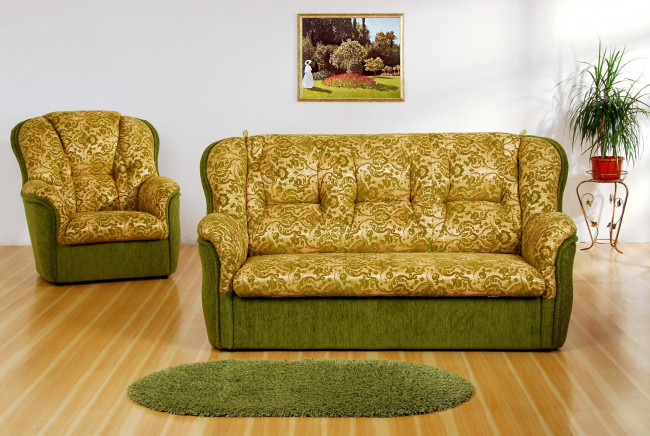 Обои картинки фото интерьер, мебель, диван, кресло, коврик, золотистый, зеленый