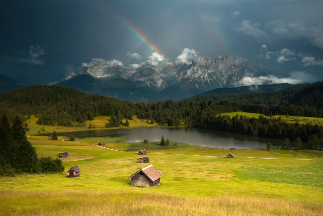 Обои картинки фото gerold, lake, germany, природа, радуга, германия, озеро, луга, горы, лес, хижины