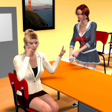 Картинка 3д графика people люди стол чашка девушки стулья картина офис