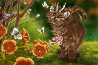 Картинка рисованные животные сказочные мифические кот бабочки цветы