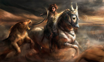 Картинка фэнтези всадники наездники лев конь дикая девушка движение кнут битва пыль