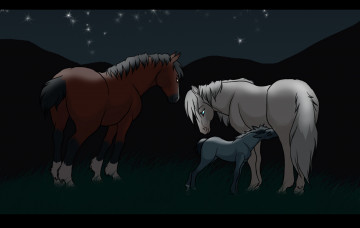 обоя рисованные, животные, лошади, горы, ночь