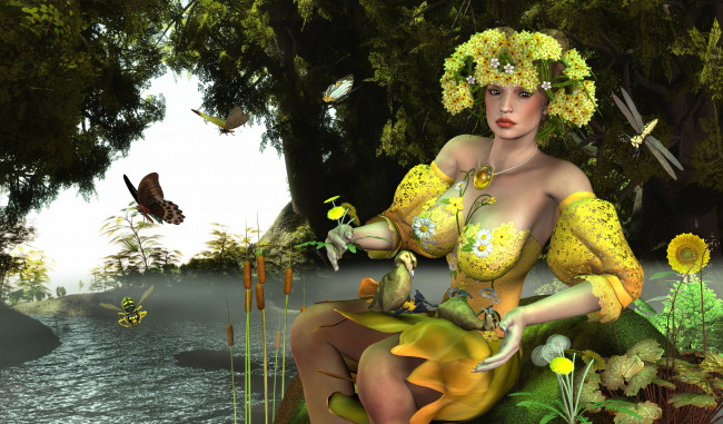 Обои картинки фото 3д, графика, fantasy, фантазия, девушка, река, цветы, бабочки