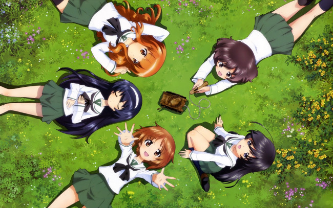 Обои картинки фото аниме, girls, und, panzer, лето, трава, девушки