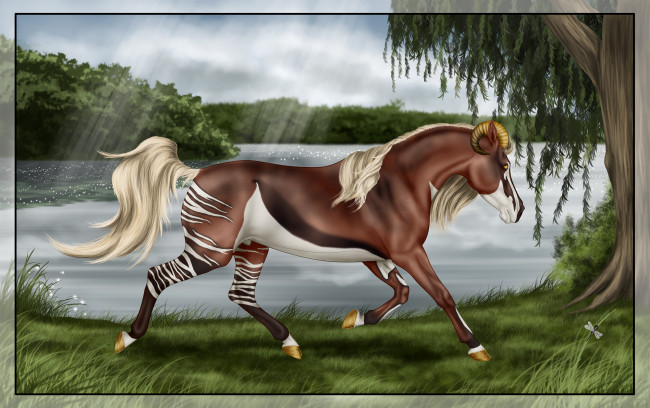 Обои картинки фото рисованные, животные, сказочные, мифические, озеро, лошадь