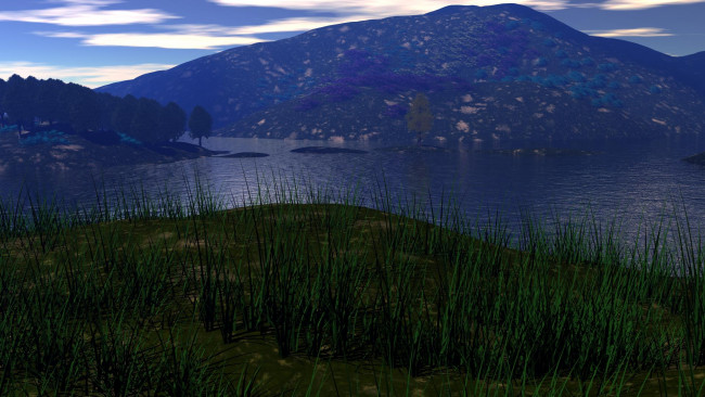 Обои картинки фото 3д графика, природа , nature, небо, горы, река, трава